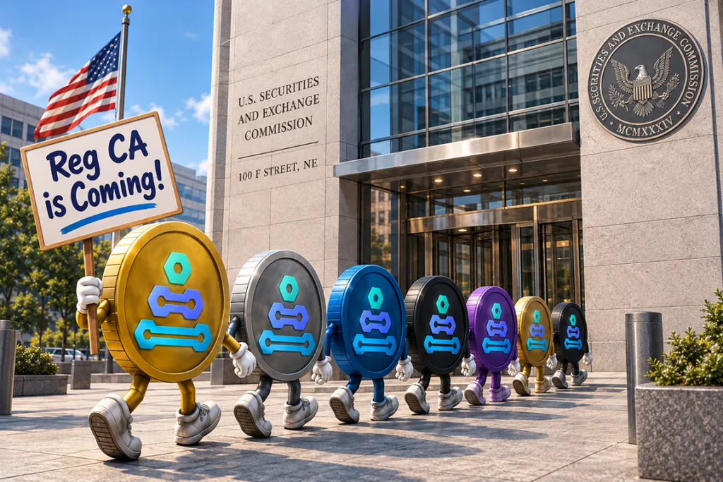 Cartoon coins with the Pacioli logo march past the U.S. Securities and Exchange Commission building, the first one carrying a sign that reads 'Reg CA is Coming!'